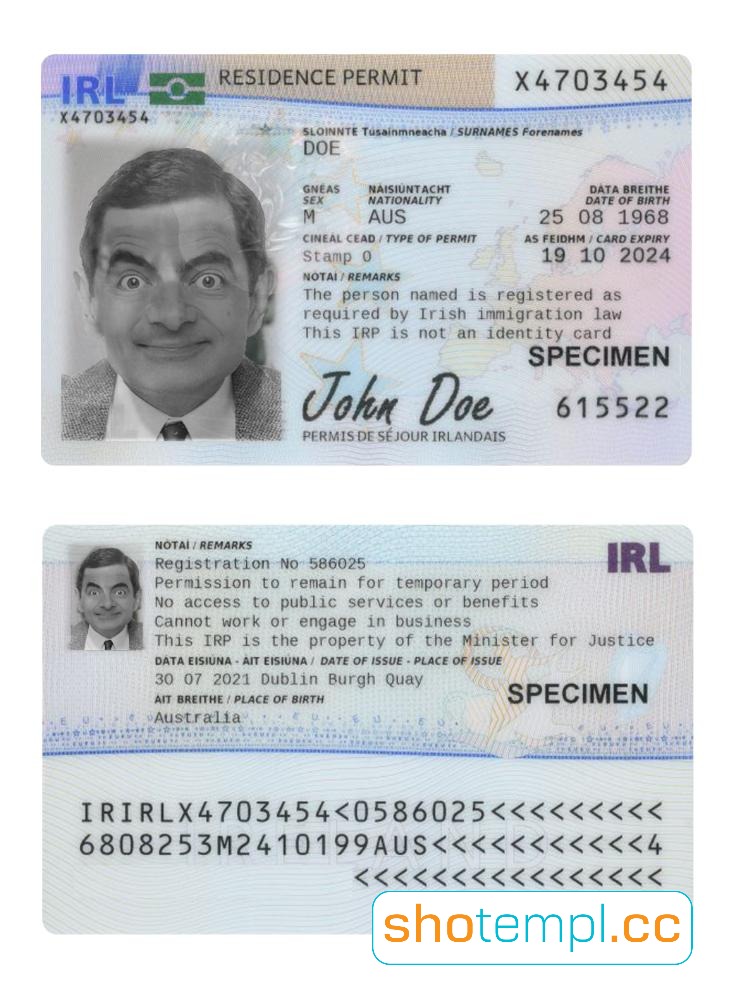 Ireland Residence Permit Card PSD Template